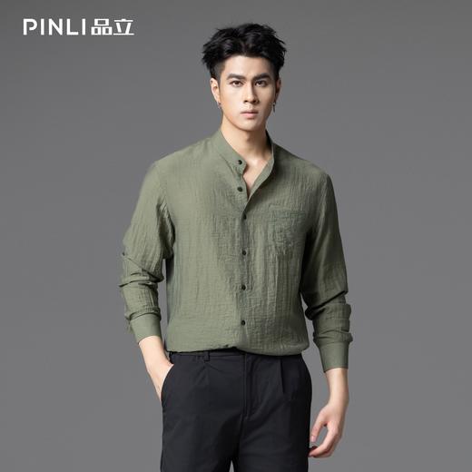 PINLI品立春季新款亚麻休闲长袖衬衫男潮牌立领百搭商务衬衣GD253113042 商品图3
