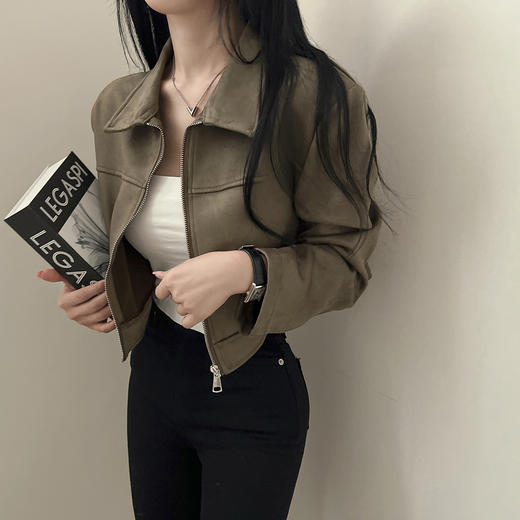 韩国chic秋季复古帅气翻领拉链式宽松百搭长袖皮绒短款夹克外套女 商品图1