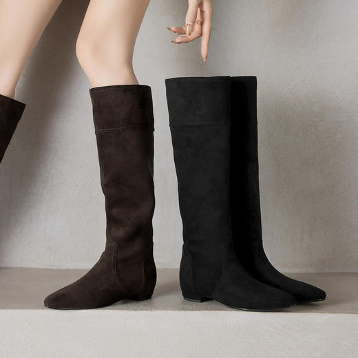 【预售7天】美拉德绒面尖头长靴女新款粗跟套筒堆堆靴显瘦宽筒不过膝靴子HCYYHD&6457 商品图1