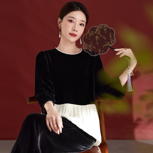 时尚百搭真丝丝绒，圆领下摆拼接长袖上衣SM-12501381 商品图3
