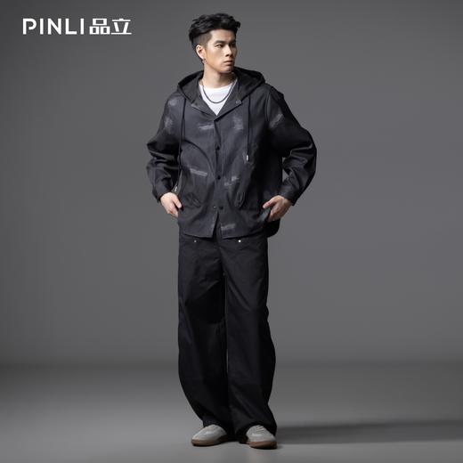 PINLI品立2025秋季新款宽松拼料连帽牛仔外套男潮牌印花休闲夹克GD253104107 商品图1