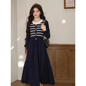 鹿向南「霓甜午后」藏蓝色假两件长袖连衣裙女秋减龄显瘦A字长裙