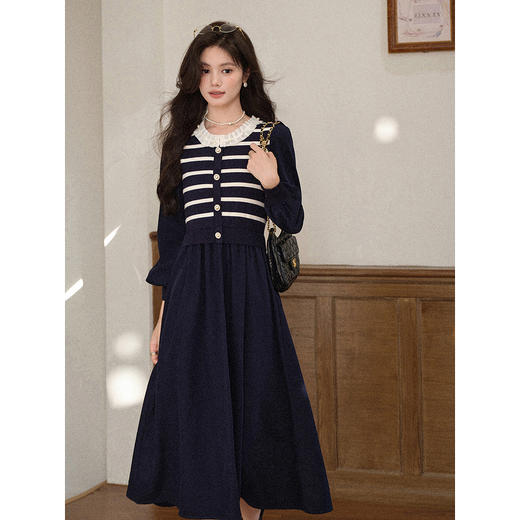 鹿向南「霓甜午后」藏蓝色假两件长袖连衣裙女秋减龄显瘦A字长裙 商品图0