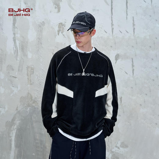 BJHG不计后果 撞色拼接摇粒绒卫衣男女款秋季休闲运动情侣长袖T恤 商品图1
