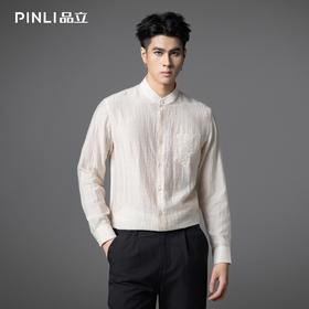 PINLI品立春季新款亚麻休闲长袖衬衫男潮牌立领百搭商务衬衣GD253113042