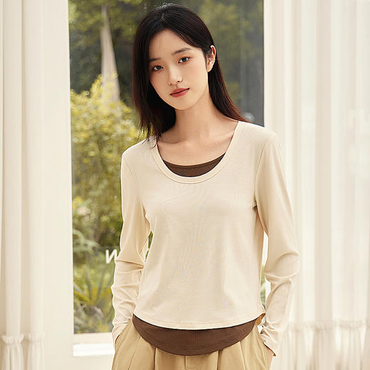 丁摩 女士长袖T恤打底衫春秋新款圆领薄款假两件高弹力内搭上衣5ZF-508 商品图1