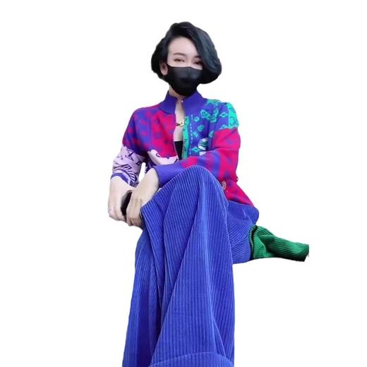 丁摩 蓝色休闲运动套装女秋装高端印花针织开衫长裤搭配两件套5ZF-8283 商品图6