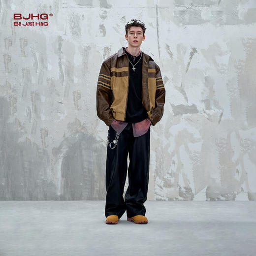 BJHG不计后果撞色皮衣外套男款秋季美式复古休闲做旧痞帅夹克上衣 商品图3