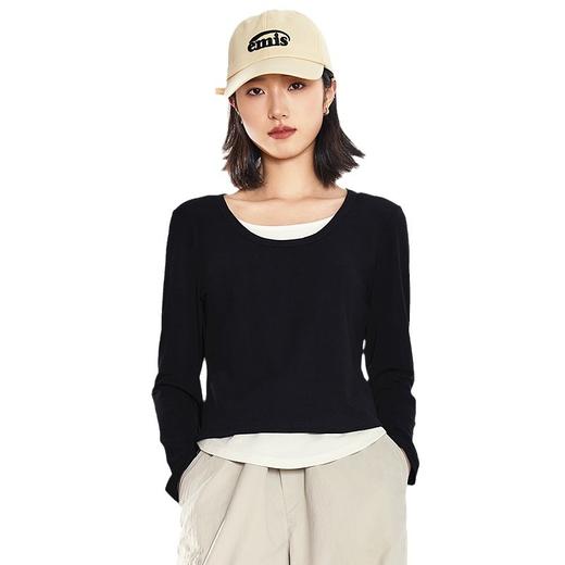 丁摩 女士长袖T恤打底衫春秋新款圆领薄款假两件高弹力内搭上衣5ZF-508 商品图4