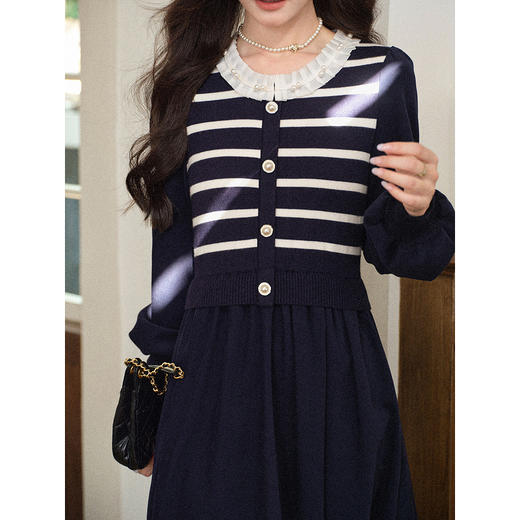 鹿向南「霓甜午后」藏蓝色假两件长袖连衣裙女秋减龄显瘦A字长裙 商品图1