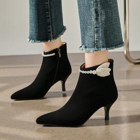 【预售5天】法式珍珠花细跟小短靴，尖头高跟气质时装靴百搭及踝靴YS&YSX7090