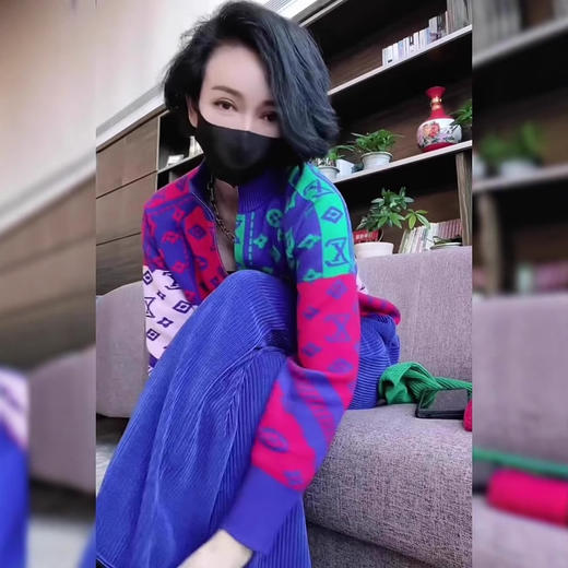 丁摩 蓝色休闲运动套装女秋装高端印花针织开衫长裤搭配两件套5ZF-8283 商品图4