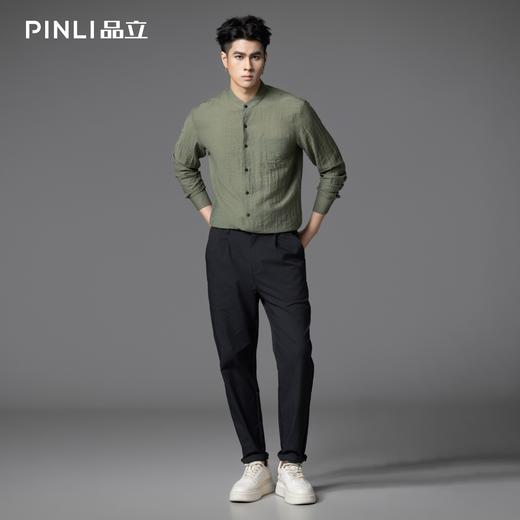 PINLI品立春季新款亚麻休闲长袖衬衫男潮牌立领百搭商务衬衣GD253113042 商品图1