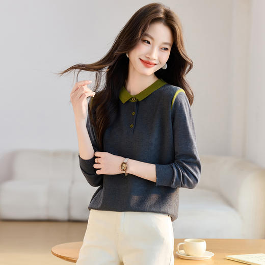 Polo领撞色针织衫，高级感洋气内搭慵懒风翻领毛衣打底上衣CC- QL-8365 商品图1