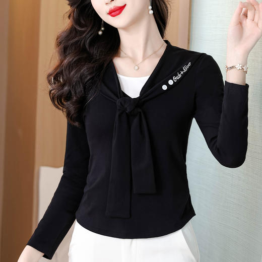 设计感刺绣披肩长袖T恤，休闲百搭修身显瘦上衣KQL-355H8301 商品图1