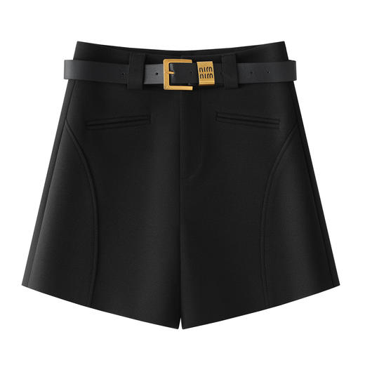 丁摩 黑色毛呢休闲短裤女新款秋冬季高腰显瘦A字阔腿裤外穿5ZF-66651 商品图0