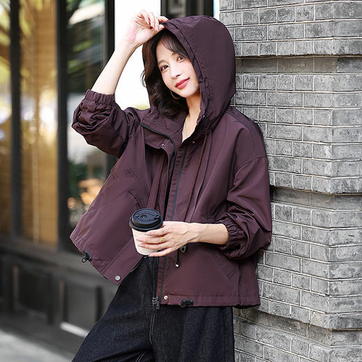 丁摩 女士短外套春秋时尚减龄宽松休闲连帽风衣5ZF-55039 商品图3