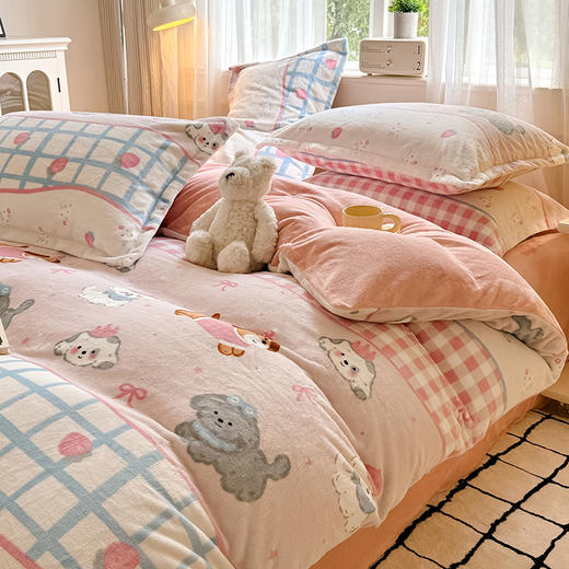 【热卖推荐】自然醒秋冬款A类小清新印花牛奶绒四件套卡通加厚加绒冬季法兰珊瑚绒床品被套三件套QJ 商品图7