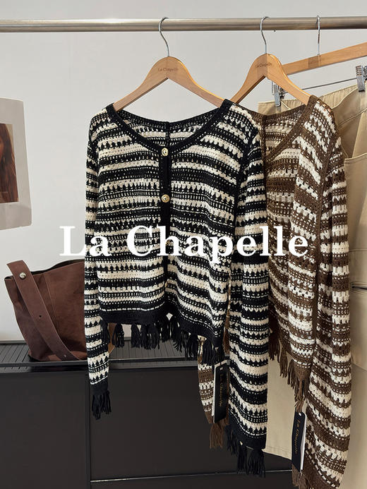 天猫同步【时髦复古】拉夏贝尔/La Chapelle复古小众流苏条纹长袖针织开衫女V领短款毛衣 商品图8