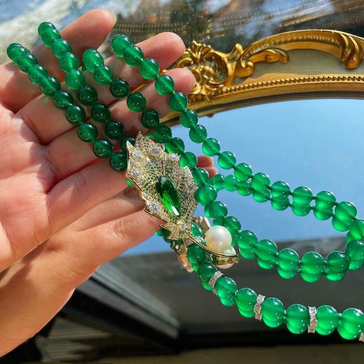 MYL-224124原创天然绿玛瑙项链满钻羽毛胸针多用款天然绿玉髓长款毛衣链 商品图1
