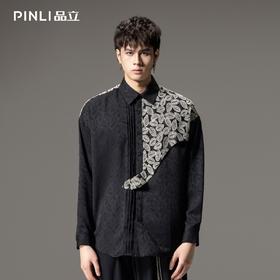 PINLI品立春季新款中国风刺绣拼接长袖衬衫男士国潮宽松衬衣B253113063