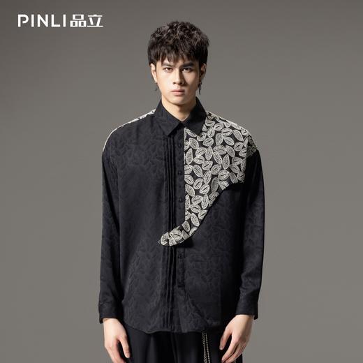 PINLI品立春季新款中国风刺绣拼接长袖衬衫男士国潮宽松衬衣B253113063 商品图0