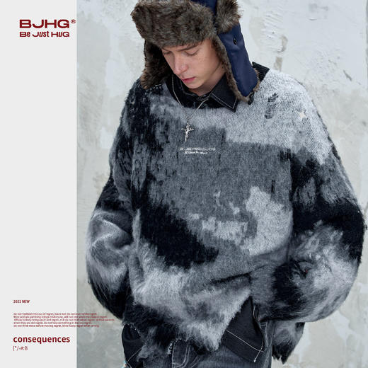 BJHG不计后果复古战损风毛衣男款秋2025新款羊毛针织衫情侣毛衣女 商品图1