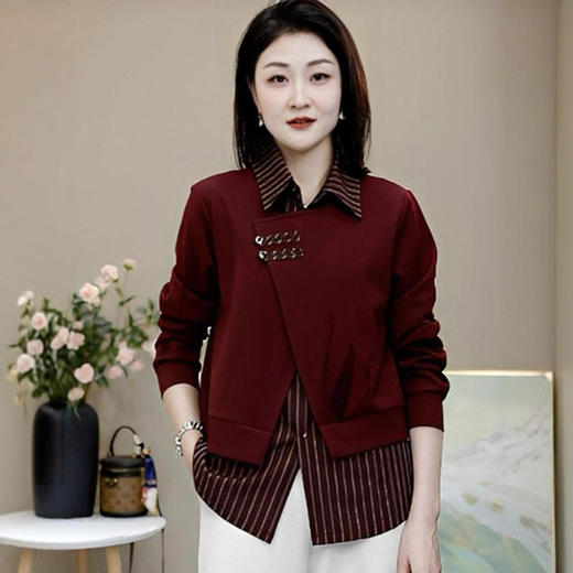 气质条纹翻领假两件拼接衬衫2025秋季E时尚减龄休闲百搭显瘦小衫 商品图2