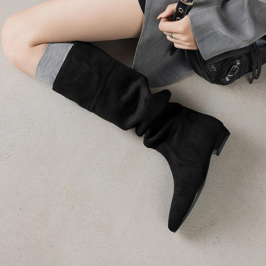 【预售7天】美拉德绒面尖头长靴女新款粗跟套筒堆堆靴显瘦宽筒不过膝靴子HCYYHD&6457 商品图3