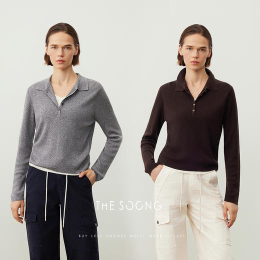 THESOONG/羊毛混纺早秋打底衫女长袖POLO领休闲宽松上衣HWMY7721 商品图0