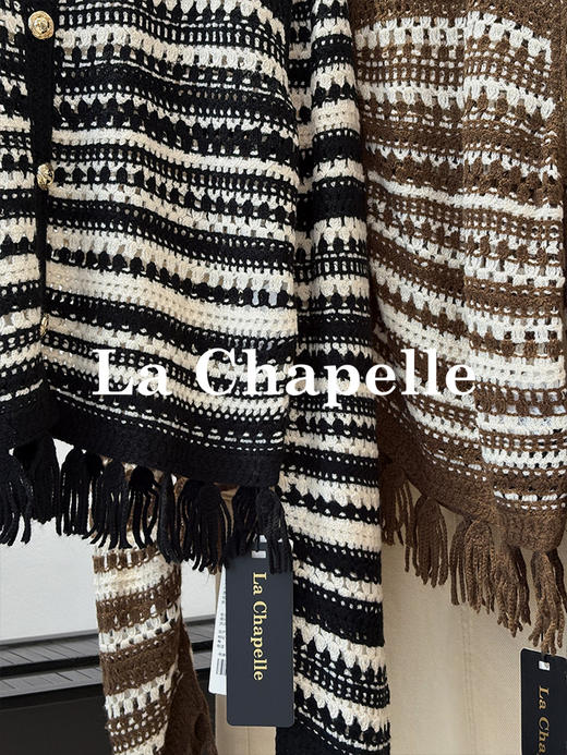 天猫同步【时髦复古】拉夏贝尔/La Chapelle复古小众流苏条纹长袖针织开衫女V领短款毛衣 商品图12