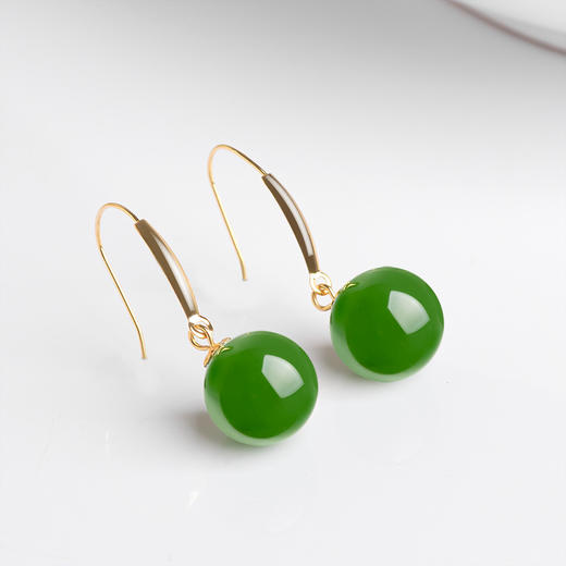 丁摩 菠菜绿老料和田玉碧玉耳坠女正品18K金镶天然玉石圆珠耳环带证书5ZF-9221 商品图1