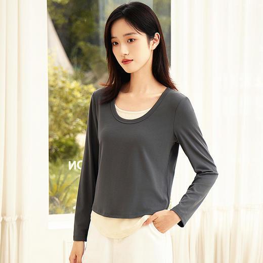 丁摩 女士长袖T恤打底衫春秋新款圆领薄款假两件高弹力内搭上衣5ZF-508 商品图2