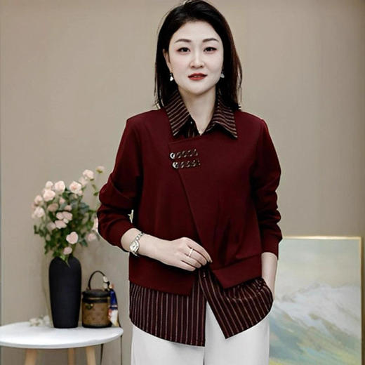 气质条纹翻领假两件拼接衬衫2025秋季E时尚减龄休闲百搭显瘦小衫 商品图1