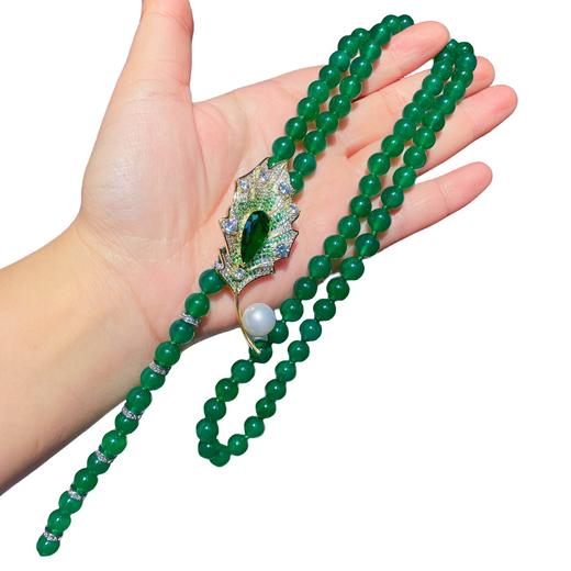 MYL-224124原创天然绿玛瑙项链满钻羽毛胸针多用款天然绿玉髓长款毛衣链 商品图4