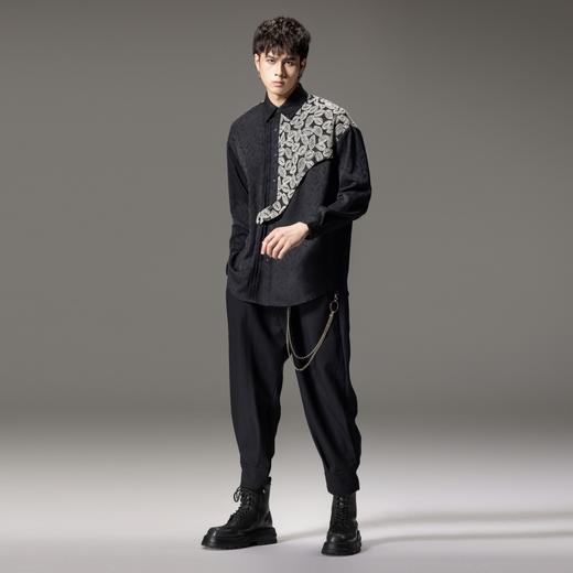 PINLI品立春季新款中国风刺绣拼接长袖衬衫男士国潮宽松衬衣B253113063 商品图4