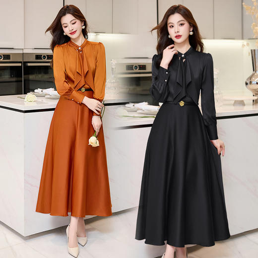 秋款气质洋气百搭收腰显瘦透气长款纯色连衣裙【配腰带】SNX2907 商品图3