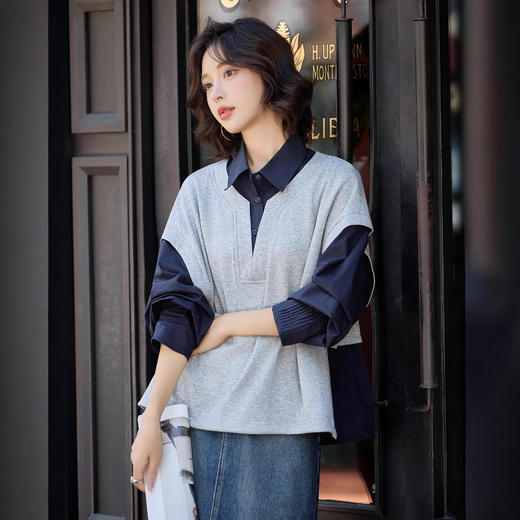 知性假两件POLO领美拉德衬衫，宽松显瘦百搭气质小资上衣HR-LDB2885 商品图2