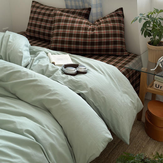 100%棉四件套全棉混搭纯色格子床品套件 商品图2