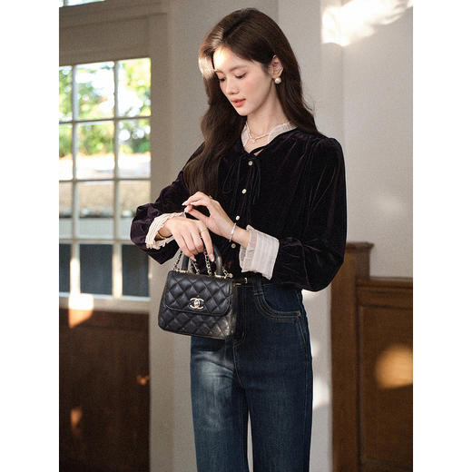 鹿向南「慵懒周末」法式黑色木耳边立领衬衫设计感长袖上衣女初秋 商品图1