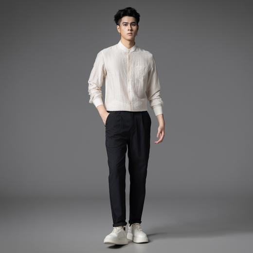 PINLI品立春季新款亚麻休闲长袖衬衫男潮牌立领百搭商务衬衣GD253113042 商品图4