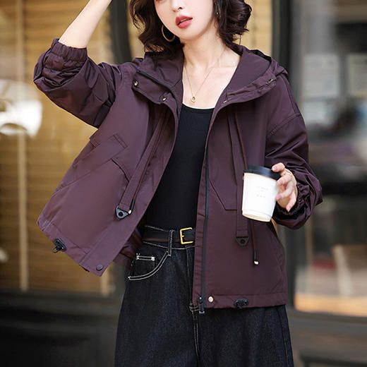 丁摩 女士短外套春秋时尚减龄宽松休闲连帽风衣5ZF-55039 商品图0