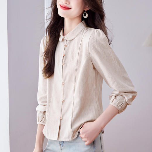 纻衣棉麻圆领长袖衬衫，文艺条纹衬衣设计感修身上衣KQL-369h9985 商品图3