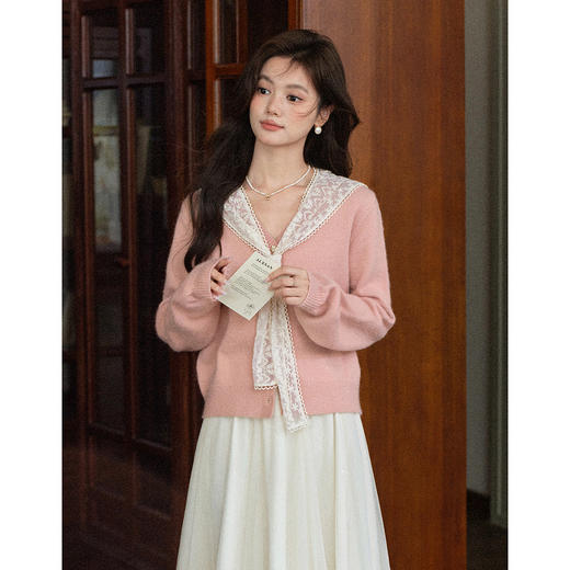 鹿向南「柏林花事」粉色针织毛衣女秋季新款小众叠穿法式开衫上衣L57920 商品图3