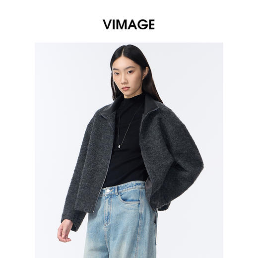 VIMAGE纬漫纪高级灰立领金属拉链设计慵懒感2025秋冬新款大衣外套V2403103 商品图3