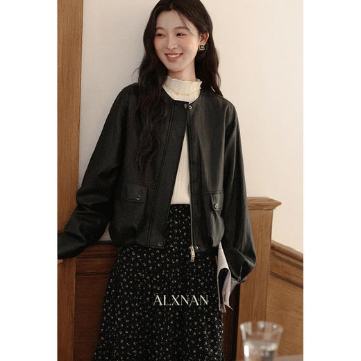 鹿向南「威尼斯诗行」高级感黑色圆领通勤皮衣秋季新款简约外套女 商品图0