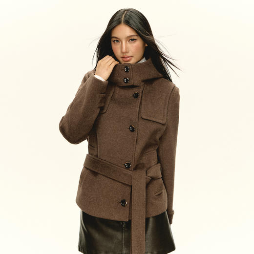 Ariseism 美式复古设计感咖色连帽毛昵大衣女秋季新款上衣外套 商品图0