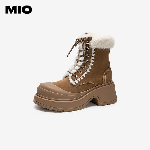 MIO米奥毛毛马丁靴厚底粗跟加绒保暖时装靴绑带女靴M256666818 商品图0