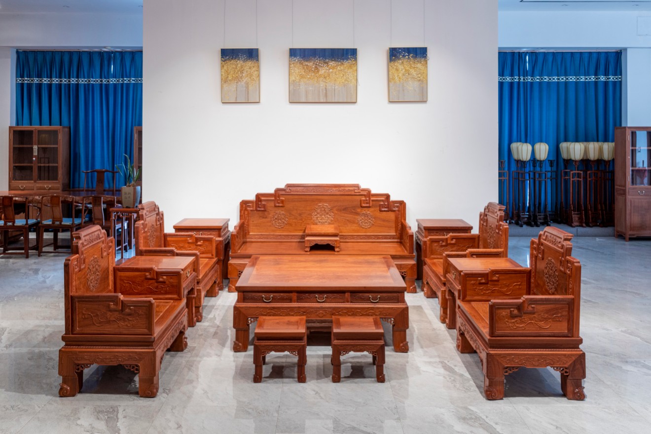 红桥红  家具严选  缅甸花梨（大果紫檀）【西番莲 宝座式沙发十三件套】