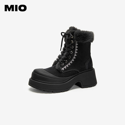 MIO米奥毛毛马丁靴厚底粗跟加绒保暖时装靴绑带女靴M256666818 商品图1